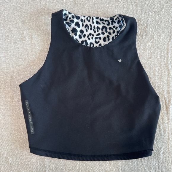 Love Fitness Aloha Reversible Leopard Print High Neck Racerback Crop Tank Black - Picture 2 of 7